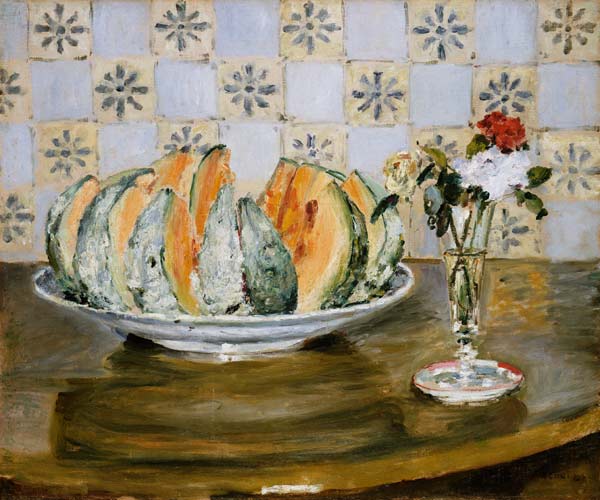 Still Life Of a Melon And A vase of Flowers van Pierre-Auguste Renoir