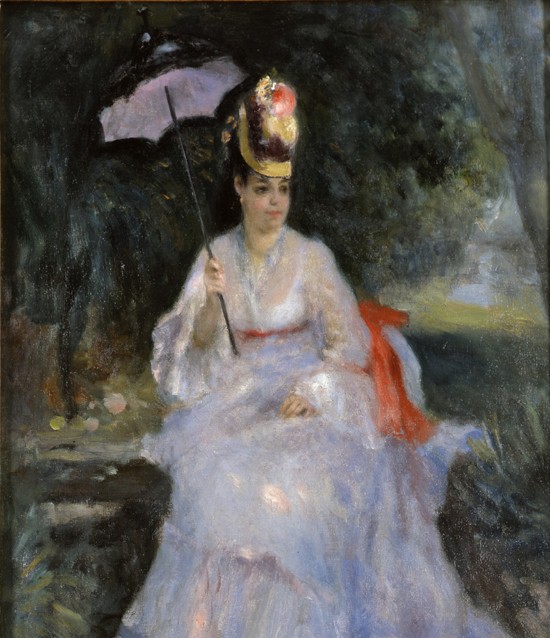 Woman with a parasol sitting in a garden van Pierre-Auguste Renoir