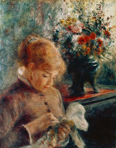 Junge Frau beim Nähen van Pierre-Auguste Renoir