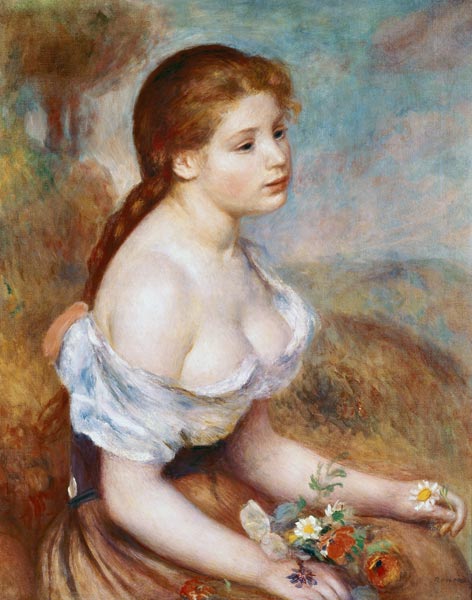 Junges Mädchen mit Gänseblümchen van Pierre-Auguste Renoir