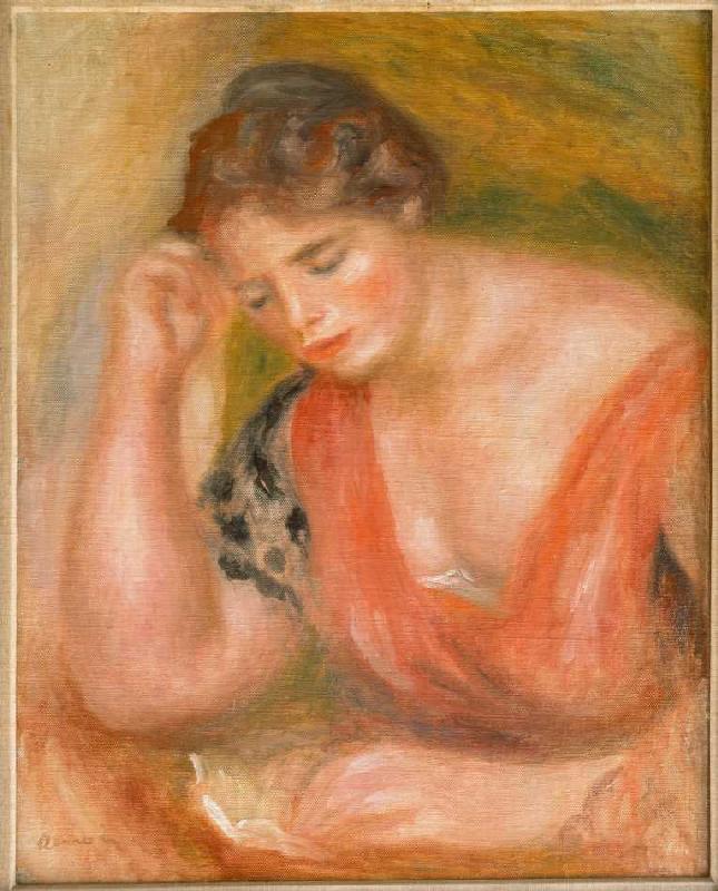 Lesende junge Frau in rotem Kleid. van Pierre-Auguste Renoir