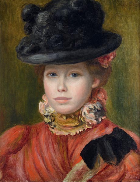 Girl in black hat with red flowers van Pierre-Auguste Renoir