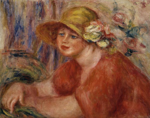 Portrait of a woman in a hat decorated with flowers van Pierre-Auguste Renoir