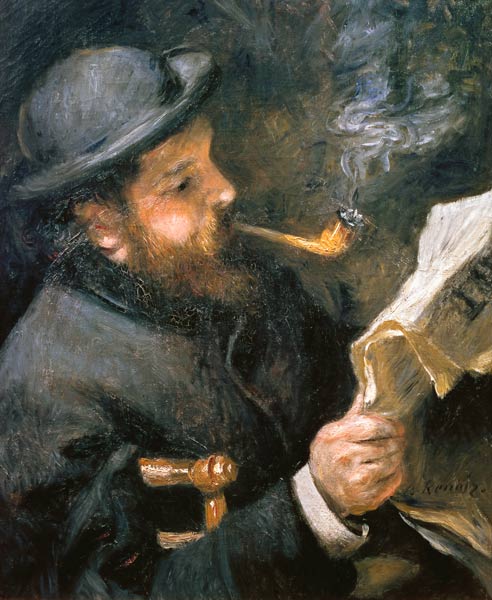 Claude Monet (1840-1926) reading a newspaper van Pierre-Auguste Renoir