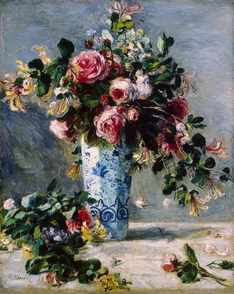 Roses and Jasmine in a Delft Vase van Pierre-Auguste Renoir