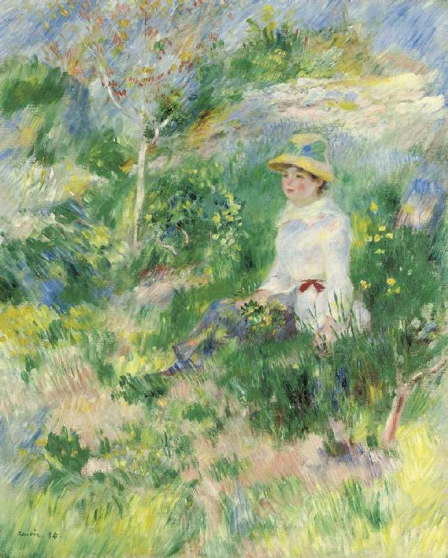 Sommer, junge Frau auf einer Blumenwiese van Pierre-Auguste Renoir
