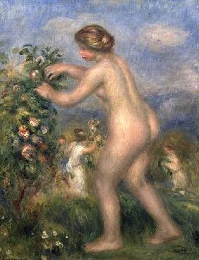Female nude picking flowers