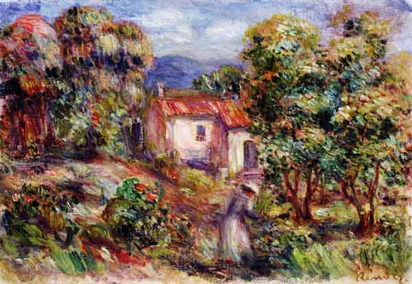Woman picking Flowers in the Garden of Les Colettes at Cagnes van Pierre-Auguste Renoir