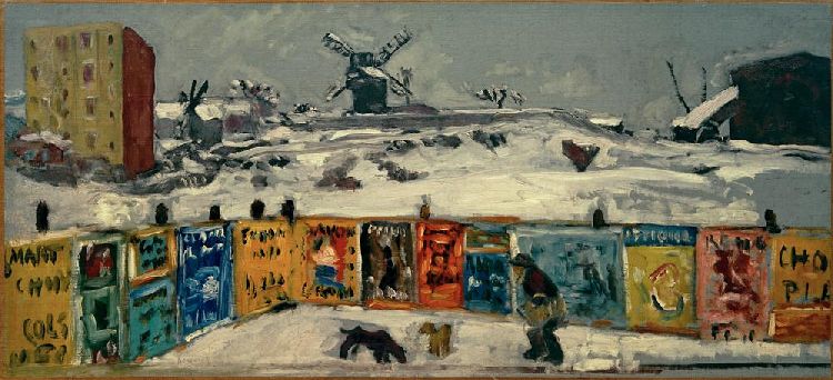 Bauzaun, mit Plakaten beklebt, und die alten Mühlen am Montmartre im Schnee van Pierre Bonnard