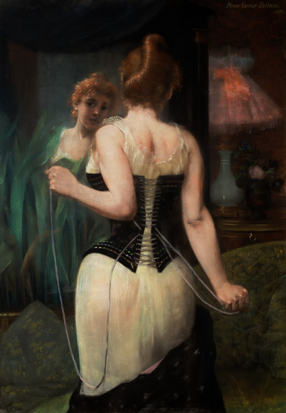 Young Woman Adjusting Her Corset van Pierre Carrière-Belleuse
