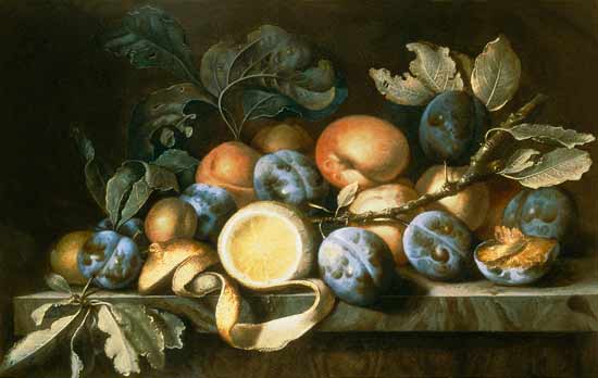 Still Life with Plums and a Peeled Lemon (one of a pair) van Pierre Dupuis