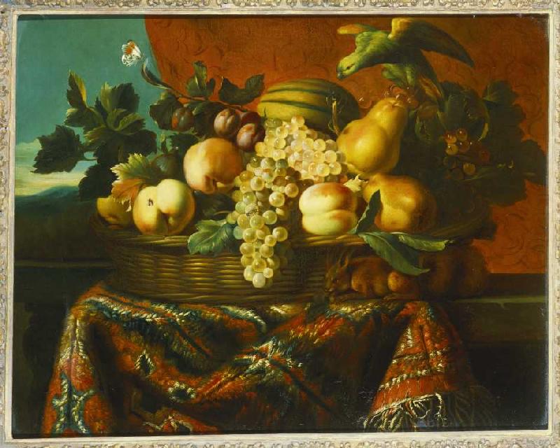 Stillleben mit Pfirsichen, Pflaumen und einer Melone. van Pierre Dupuis