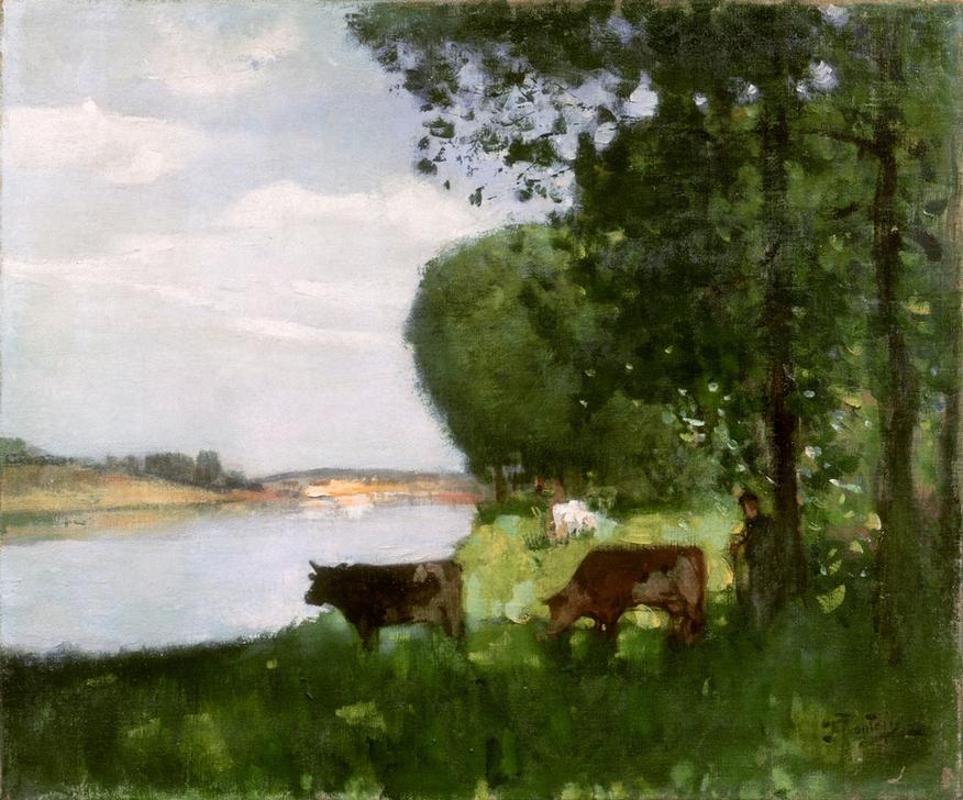 Herd of Cows by the River van Pierre-Eugène Montézin