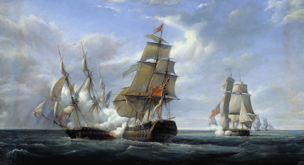 Combat between the French Frigate 'La Canonniere' and the English Vessel 'The Tremendous', 21st Apri van Pierre Julien Gilbert