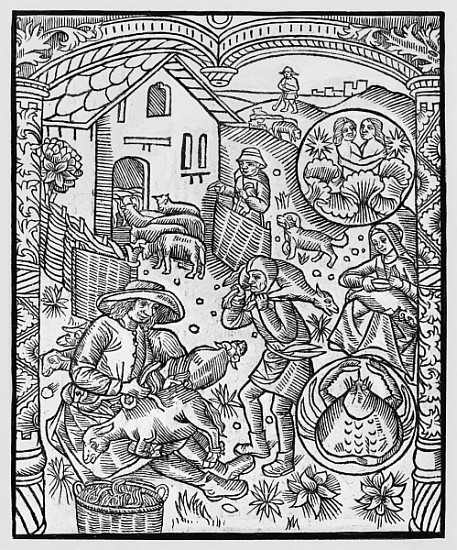 June, sheep shearing, Gemini, illustration from the ''Almanach des Bergers'', 1491 (xylograph) van Pierre Le Rouge