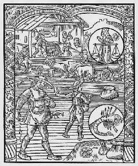 October, sowing, ploughing and threshing, Libra, illustration from the ''Almanach des Bergers'', 149