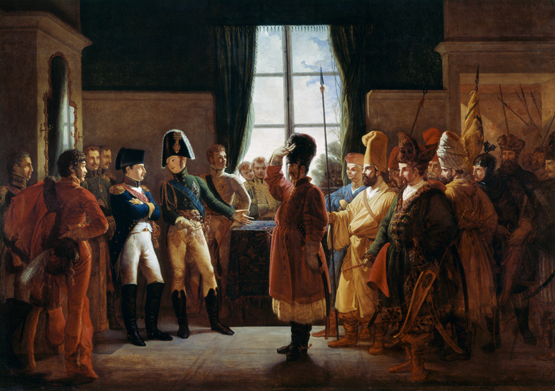 Tsar Alexander I presenting the Kalmyks, Cossacks and Bashkirs of Russian army to Napoleon I, Tilsit van Pierre-Nolasque Bergeret