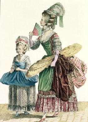 An Elegant Dressmaker Delivering her Work, plate from 'Galeries des Modes et Costumes Francais', eng