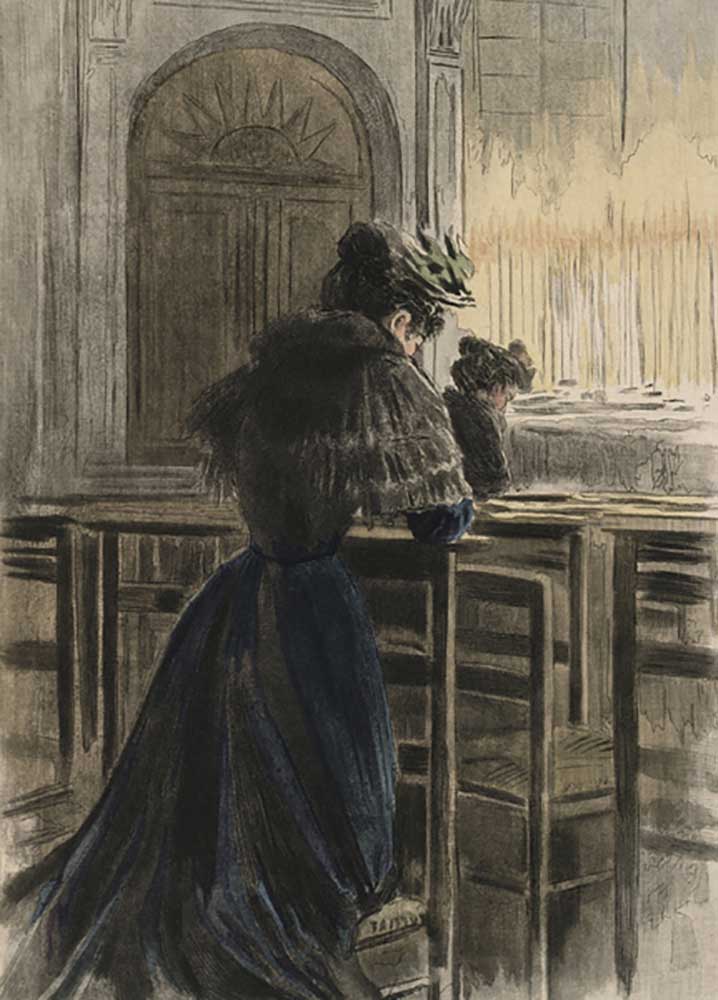 Devotions at church, illustration from La Femme a Paris by Octave Uzanne (1851-1931) 1894 van Pierre Vidal