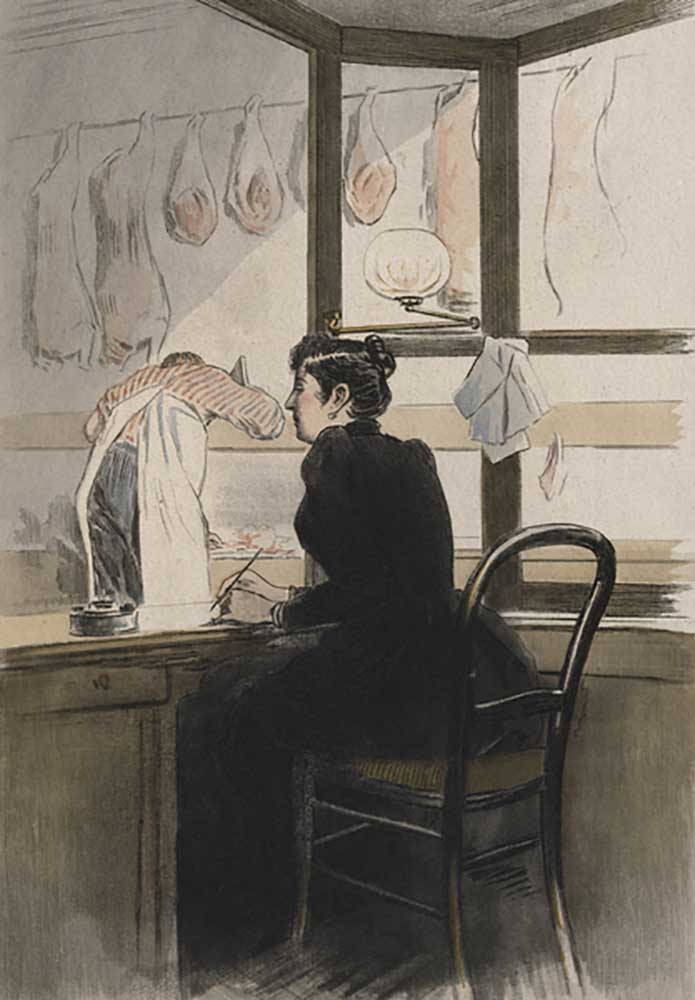 The cashier at the butchers, illustration from La Femme a Paris by Octave Uzanne (1851-1931) 1894 van Pierre Vidal
