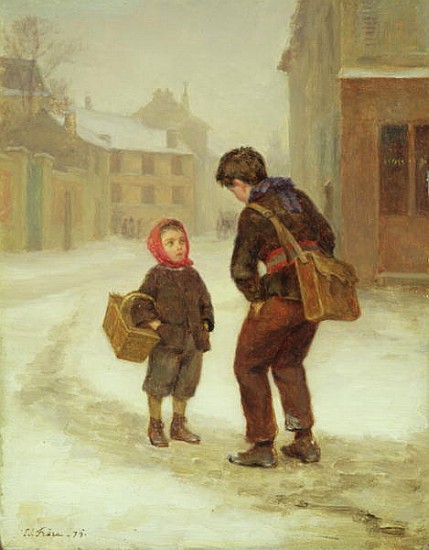 On the way to school in the snow van Pierre Edouard Frere