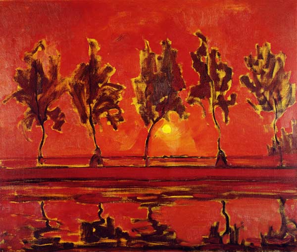 Vijf bomen in tegenlicht aan het Gein met maan van Piet Mondriaan