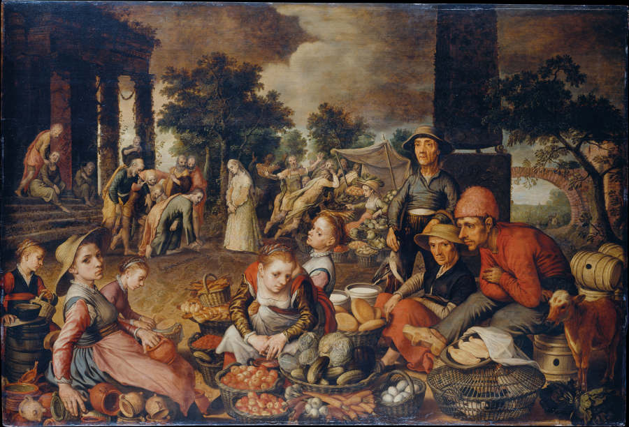 Market Scene with Christ and the Adulteress van Pieter Aertsen