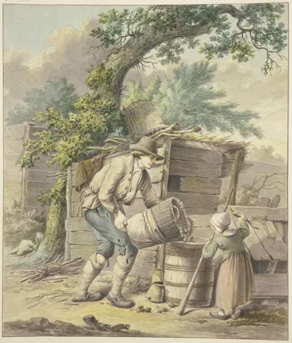 Ein Bauer schüttet Kartoffeln in ein Faß, dabei hilft ein Kind van Pieter Bartholomeusz. Barbiers
