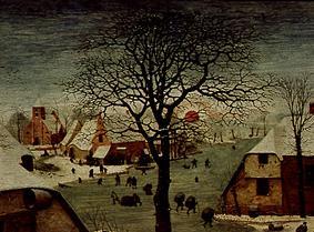Die Volkszählung zu Bethlehem. Detail links oben (Baumkrone und rote Sonne) van Pieter Brueghel de oude