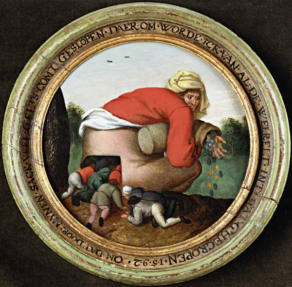 De man met de geldzak en zijn vleiers van Pieter Brueghel d. J. Pieter Brueghel d. J.