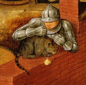 Knight putting a bell on a cat, detail from ''The Flemish Proverbs'' (detail of 67235)