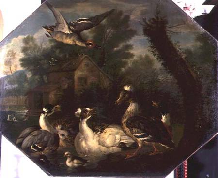 Ornamental Waterfowl and their Ducklings on a Mill Pond van Pieter Casteels