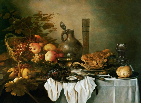 A Still Life With A Roemer, Oysters, A Roll And Meat On Pewter Plates, Fruit In And Around A Basket, van Pieter Claesz