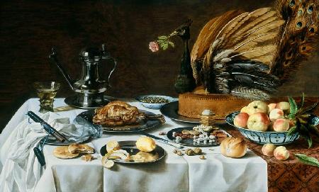 Stilleven met een pauwen taart - Pieter Claesz