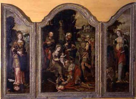 Triptych depicting the Adoration of the Magi and two saints van Pieter Coecke van Aelst