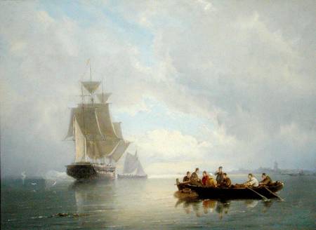 A Ship Becalmed and a Rowing Boat van Pieter Cornelis Dommersen