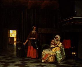 Frau mit Kind an der Brust und Dienstmagd. van Pieter de Hooch