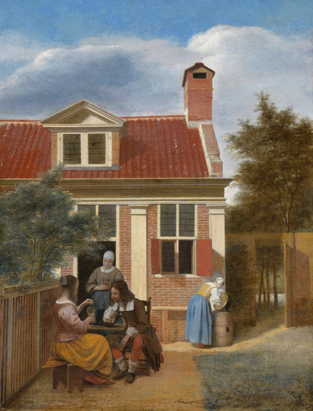A company in the courtyard behind a house van Pieter de Hooch