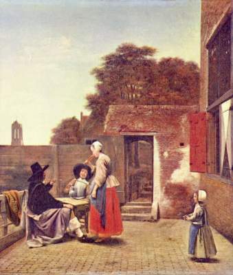 Hof mit zwei Offizieren und trinkender Frau van Pieter de Hooch