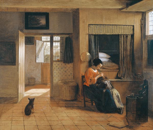 Moederplichten (interieur met moeder, het haar van haar kind doorzoeken naar luizen van Pieter de Hooch
