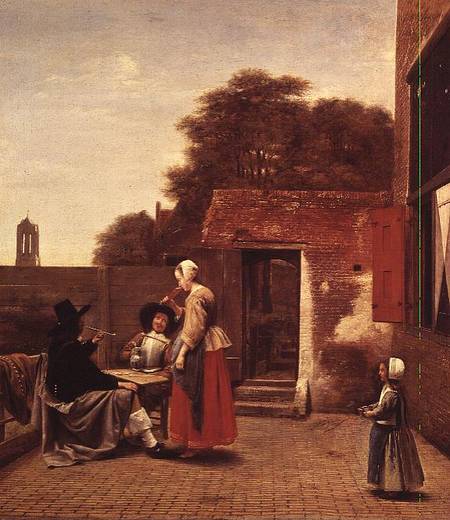 Two Soldiers and a Woman Drinking in a Courtyard van Pieter de Hooch
