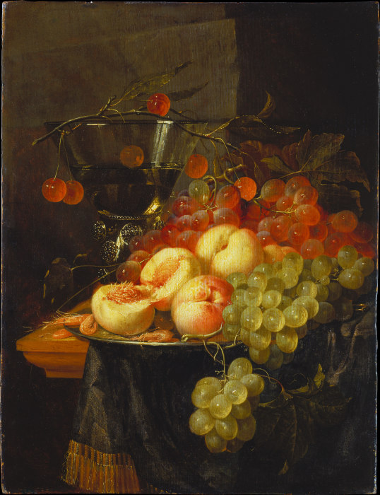 Still Life with Fruit and a Cherry Branch over a Berkemeyer Glass van Pieter de Ring