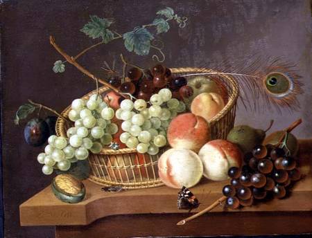 Still Life of Grapes and Peaches in a basket van Pieter Gerardus van Os