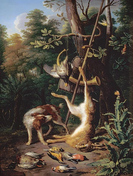Jagdstillleben mit totem Hasen. van Pieter Gysels