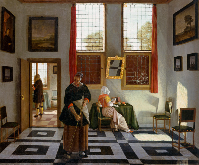 Interior with Painter, Woman Reading and Maid Sweeping van Pieter Janssens