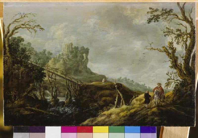 Flusslandschaft mit Holzbrücke und Ruine van Pieter Jansz. van Asch