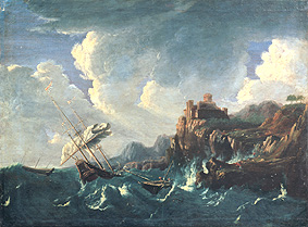 Seesturm an einer Felsenküste mit Schiffswrack van Pieter Mulier (Tempesta)