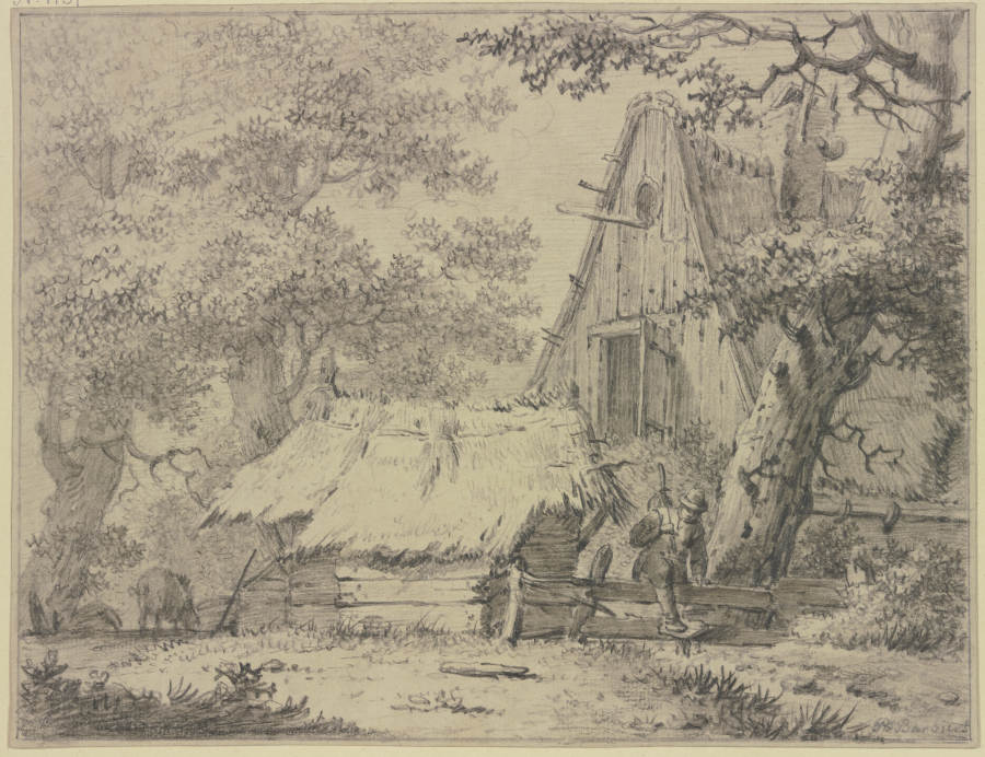 Ein Bauernhaus im Walde, ein Mann steigt über den Zaun van Pieter Pietersz. Barbiers