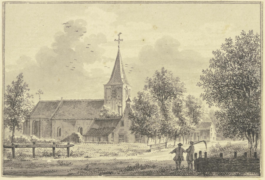 Kirche an der Landstrasse, rechts zwei Männer, der eine trägt eine Sense van Pieter van Liender