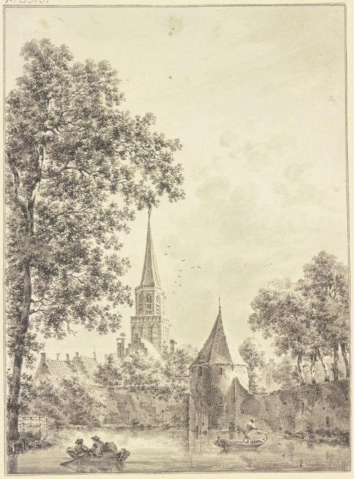 Wassergraben an der Stadtmauer mit einem runden Turm, hinten die Kirche, auf demselben zwei Kähne van Pieter van Liender